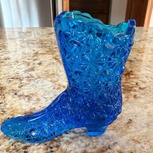 Cobalt blue Fenton 'Daisy and Button' glass boot.